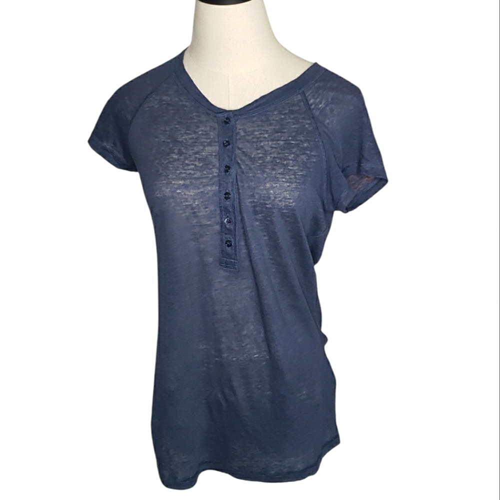 Majestic Filatures Paris Linen Raglan Cap Sleeve Baby Tee Coastal Semi Sheer Top